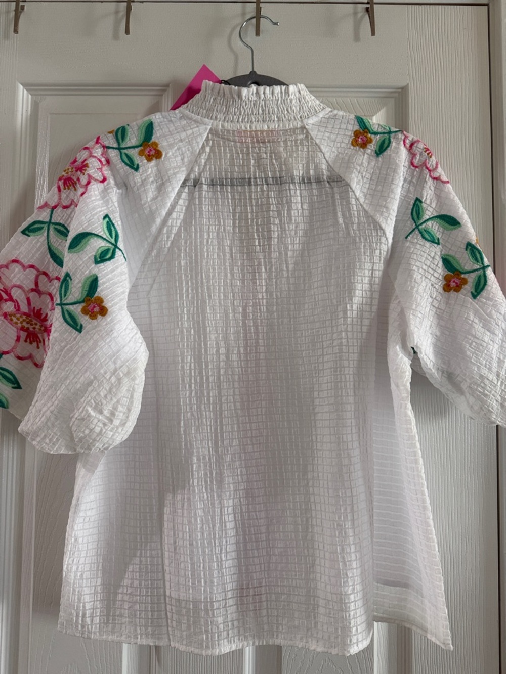 THML White Peasant Top with Pink Trim and Floral Embroidery - Picture 5 of 6